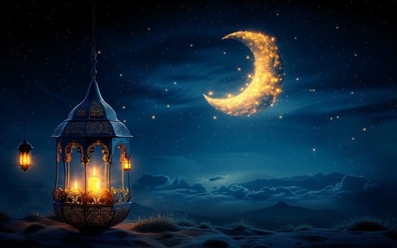 Ramadan Kareem greeting card banner poster design with moon & lantern Background