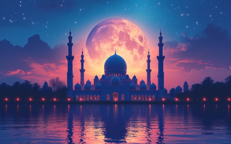 Ramadan Kareem greeting card banner poster design with moon & mosque 01 Background