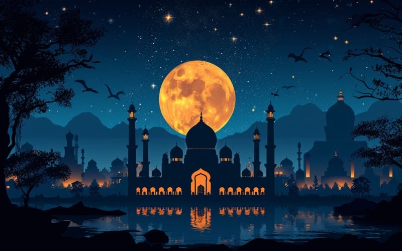 Ramadan Kareem greeting card banner poster design with moon & mosque 02 Background
