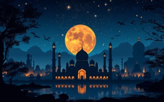 Ramadan Kareem greeting card banner poster design with moon & mosque 02