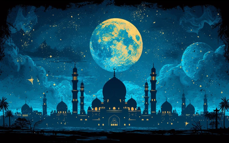Ramadan Kareem greeting card banner poster design with moon & mosque Background