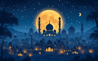 Ramadan Kareem greeting card banner poster design with moon and mosque 01