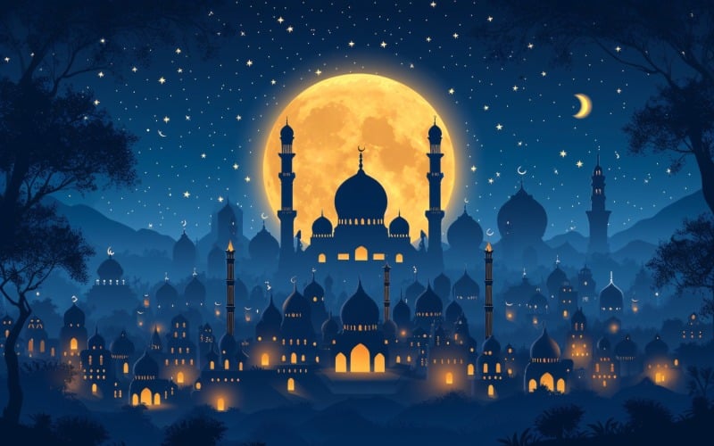 Ramadan Kareem greeting card banner poster design with moon and mosque 01 Background