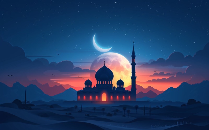 Ramadan Kareem greeting card banner poster design with moon and mosque Background