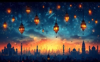Ramadan Kareem greeting card banner poster design with mosque & lantern