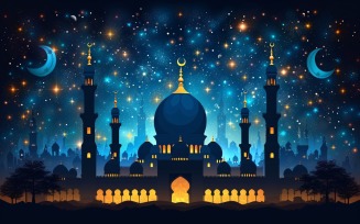 Ramadan Kareem greeting card banner poster design with mosque & moon 02
