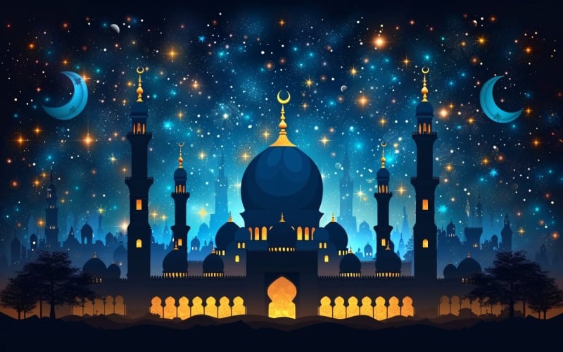 Ramadan Kareem greeting card banner poster design with mosque & moon 02 Background