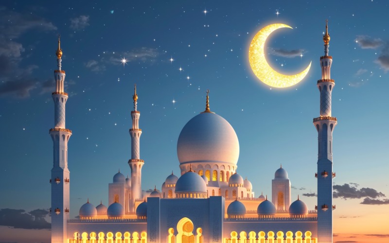 Ramadan Kareem greeting card banner poster design with mosque & moon 04 Background