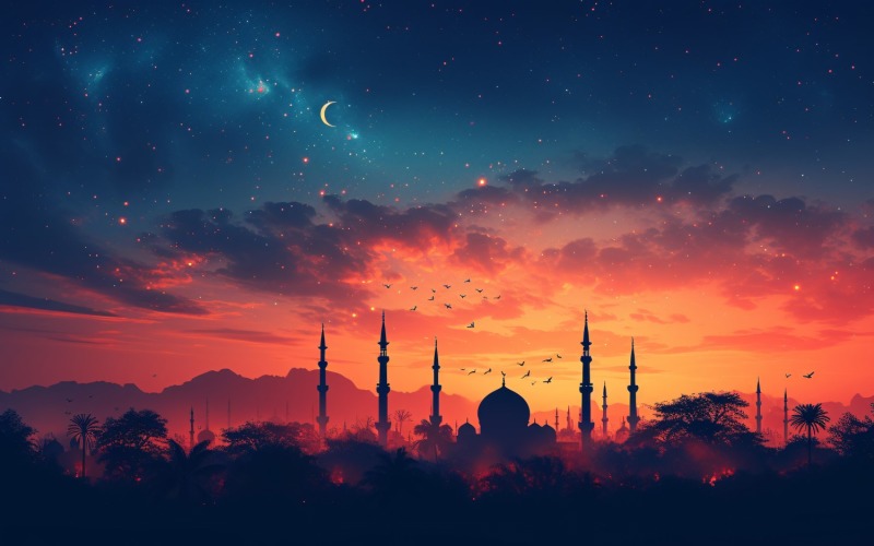 Ramadan Kareem greeting card banner poster design with mosque & moon and star Background