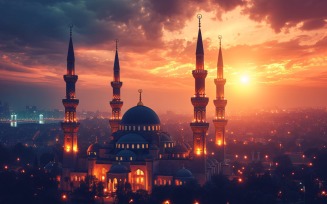 Ramadan Kareem greeting card banner poster design with mosque and sun