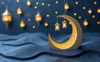 Ramadan Kareem greeting card banner design with golden moon and lantern