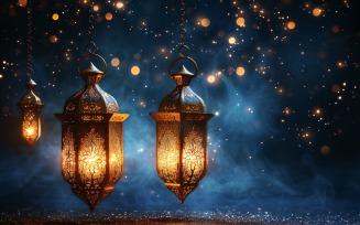 Ramadan Kareem greeting card banner design with lantern & bokeh 01
