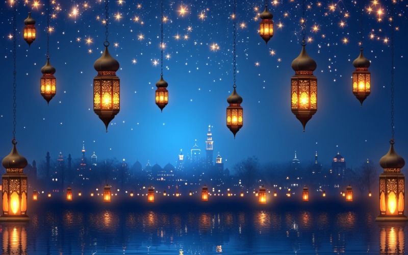 Ramadan Kareem greeting card banner design with lantern & star Background
