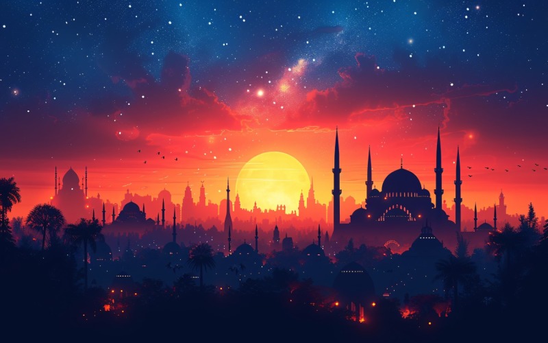 Ramadan Kareem greeting card banner design with moon & mosque 06 Background