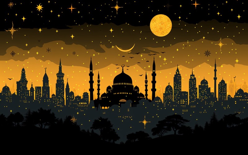 Ramadan Kareem greeting card banner design with moon & mosque and star Background