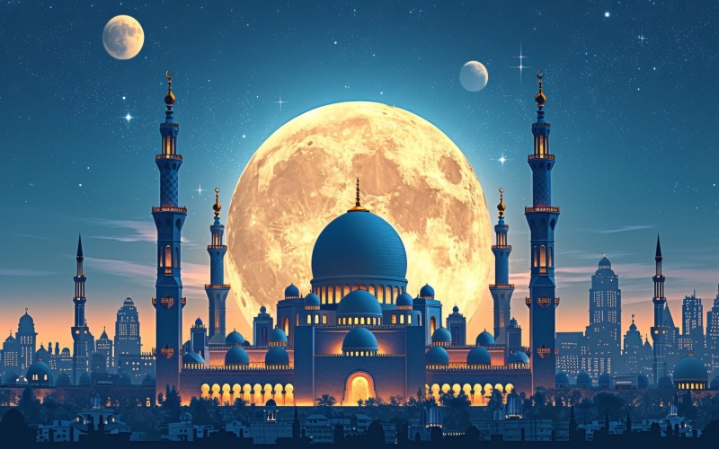 Ramadan Kareem greeting card banner design with moon & mosque background Background