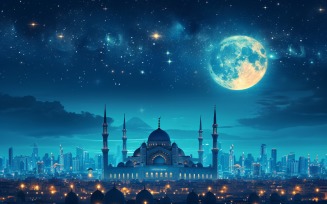 Ramadan Kareem greeting card banner design with mosque & moon 01