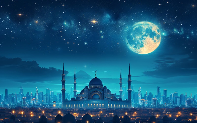 Ramadan Kareem greeting card banner design with mosque & moon 01 Background
