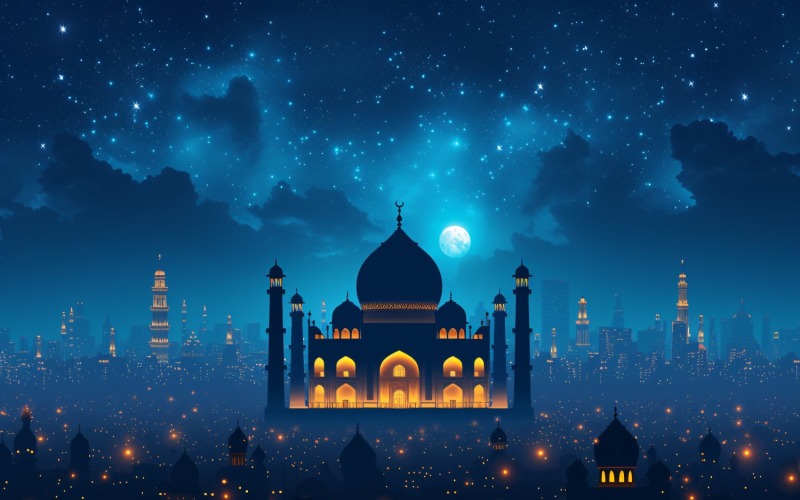 Ramadan Kareem greeting card banner design with mosque & moon 02 Background