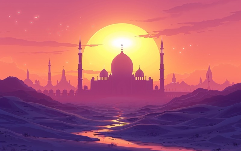 Ramadan Kareem greeting card banner design with mosque & moon 04 Background