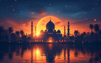 Ramadan Kareem greeting card banner design with mosque and moon 05