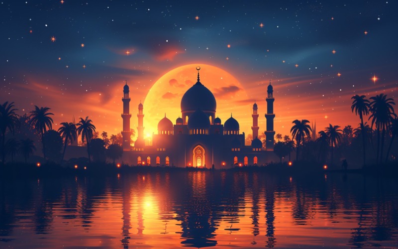 Ramadan Kareem greeting card banner design with mosque and moon 05 Background