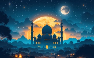 Ramadan Kareem greeting card banner design with mosque minar and moon 01