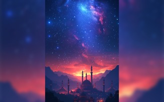 Ramadan Kareem greeting card poster design with galaxy & mosque