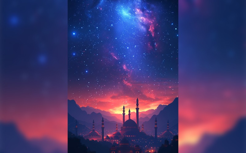 Ramadan Kareem greeting card poster design with galaxy & mosque Background