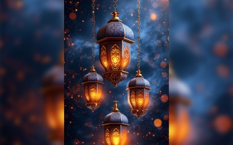 Ramadan Kareem greeting card poster design with lantern & bokeh background