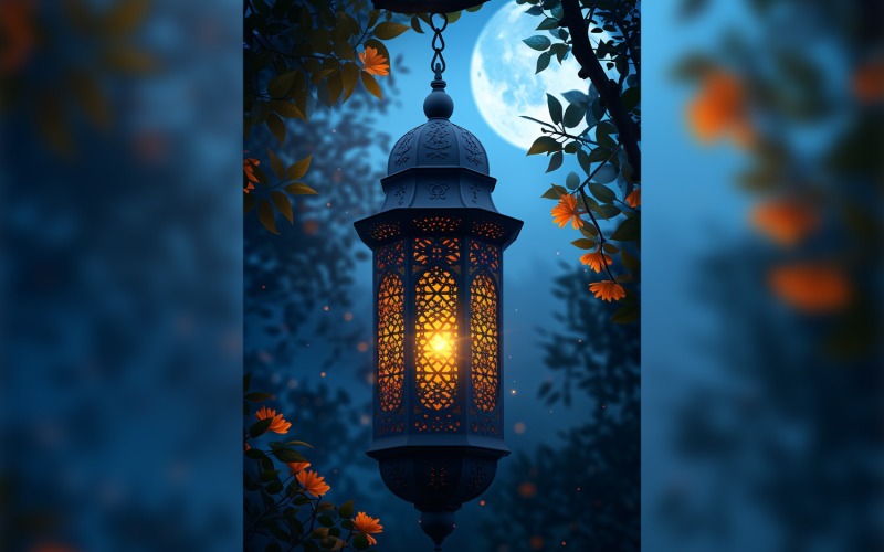 Ramadan Kareem greeting card poster design with lantern & flower Background