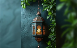 Ramadan Kareem greeting card poster design with lantern & leaves