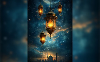 Ramadan Kareem greeting card poster design with lantern & mosque minar