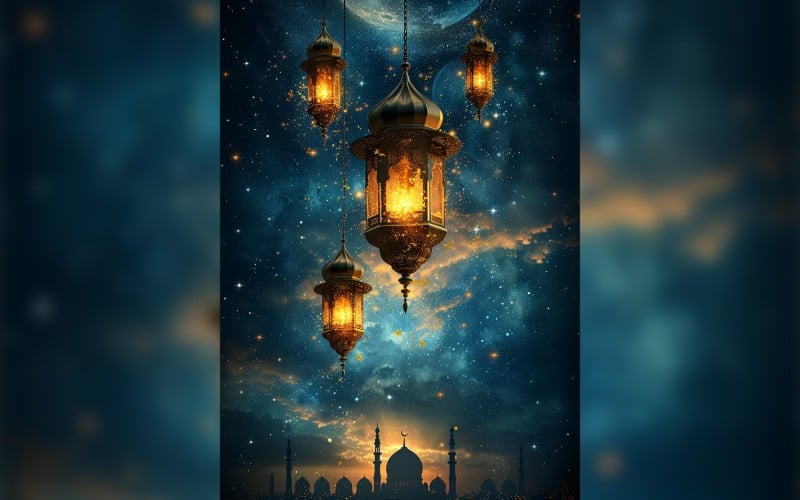 Ramadan Kareem greeting card poster design with lantern & mosque minar Background