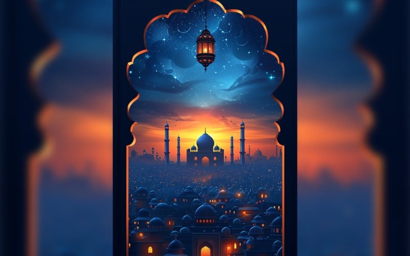 Ramadan Kareem greeting card poster design with lantern & mosque Background
