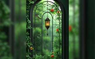 Ramadan Kareem greeting card poster design with lantern & plants background
