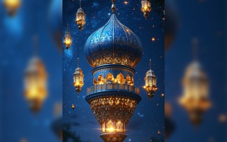 Ramadan Kareem greeting card poster design with lantern & star backgriund 01