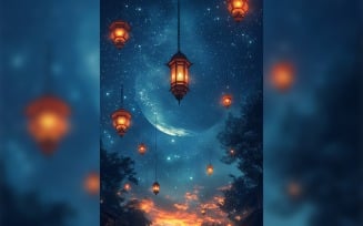 Ramadan Kareem greeting card poster design with lantern & star background