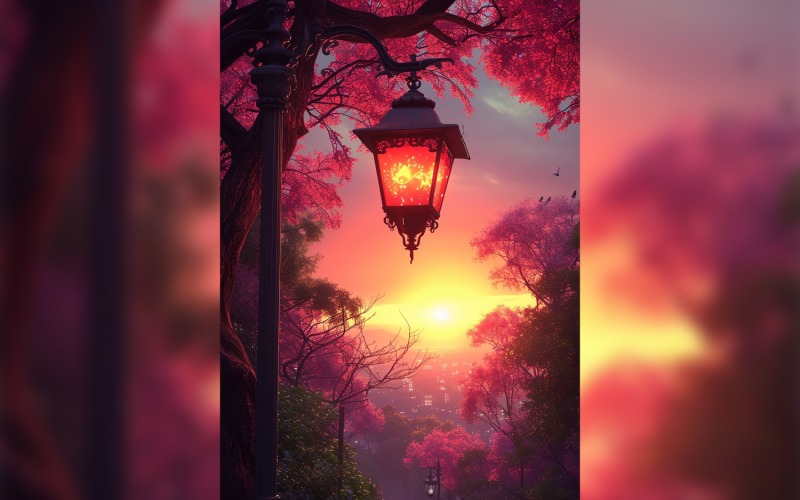 Ramadan Kareem greeting card poster design with lantern & trees background Background