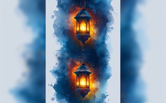 Ramadan Kareem greeting card poster design with lantern and blue watercolor background