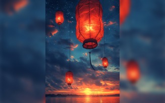 Ramadan Kareem greeting card poster design with lantern and sky