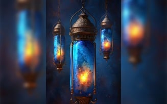 Ramadan Kareem greeting card poster design with lanterns background