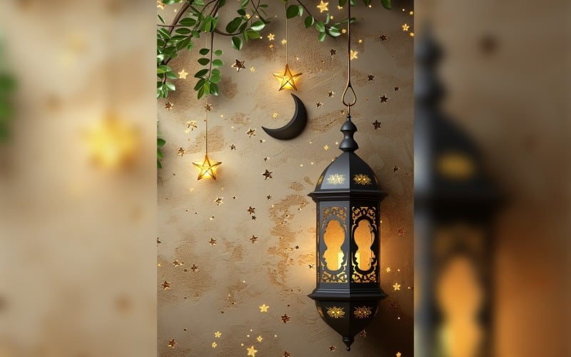 Ramadan Kareem greeting card poster design with moon & lantern 01 Background