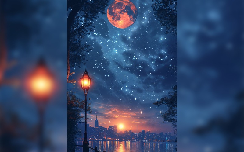 Ramadan Kareem greeting card poster design with moon & lantern Background