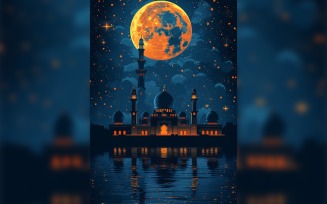 Ramadan Kareem greeting card poster design with moon & mosque 01