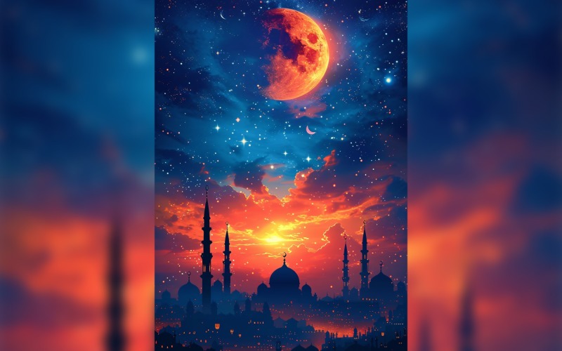 Ramadan Kareem greeting card poster design with moon & mosque 02 Background
