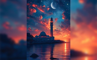 Ramadan Kareem greeting card poster design with moon & mosque background 02