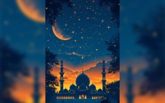 Ramadan Kareem greeting card poster design with moon & mosque background