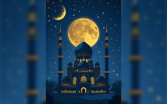 Ramadan Kareem greeting card poster design with moon & mosque