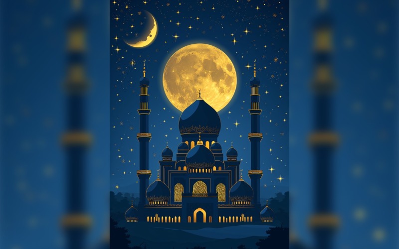 Ramadan Kareem greeting card poster design with moon & mosque Background